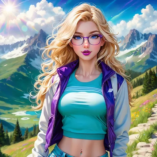 Prompt: Anime illustration of a breathtaking beautiful young woman, light blue eyes, long blonde hair, glasses, purple lipstick and eyeshadow, fair complexion, (freckles:0.5), wearing a crop top, open jacket, jeans, fit midriff, standing on a mountain trail, mostly cloudy, sunshine between the clouds, highres, ultra-detailed, anime, scenic, bright colors, sunlight filtering through clouds, detailed facial features, stylish, refreshing, atmospheric lighting