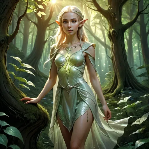 Prompt: Full-body elven girl, mystical forest setting, pearl colored short dress, ethereal, glowing, high-quality, digital painting, detailed features, elegant pose, vibrant, lush environment, magical, fantasy, ethereal lighting, fantasy style, detailed digital painting, mystical forest, elegant elf, vibrant environment, mystical lighting