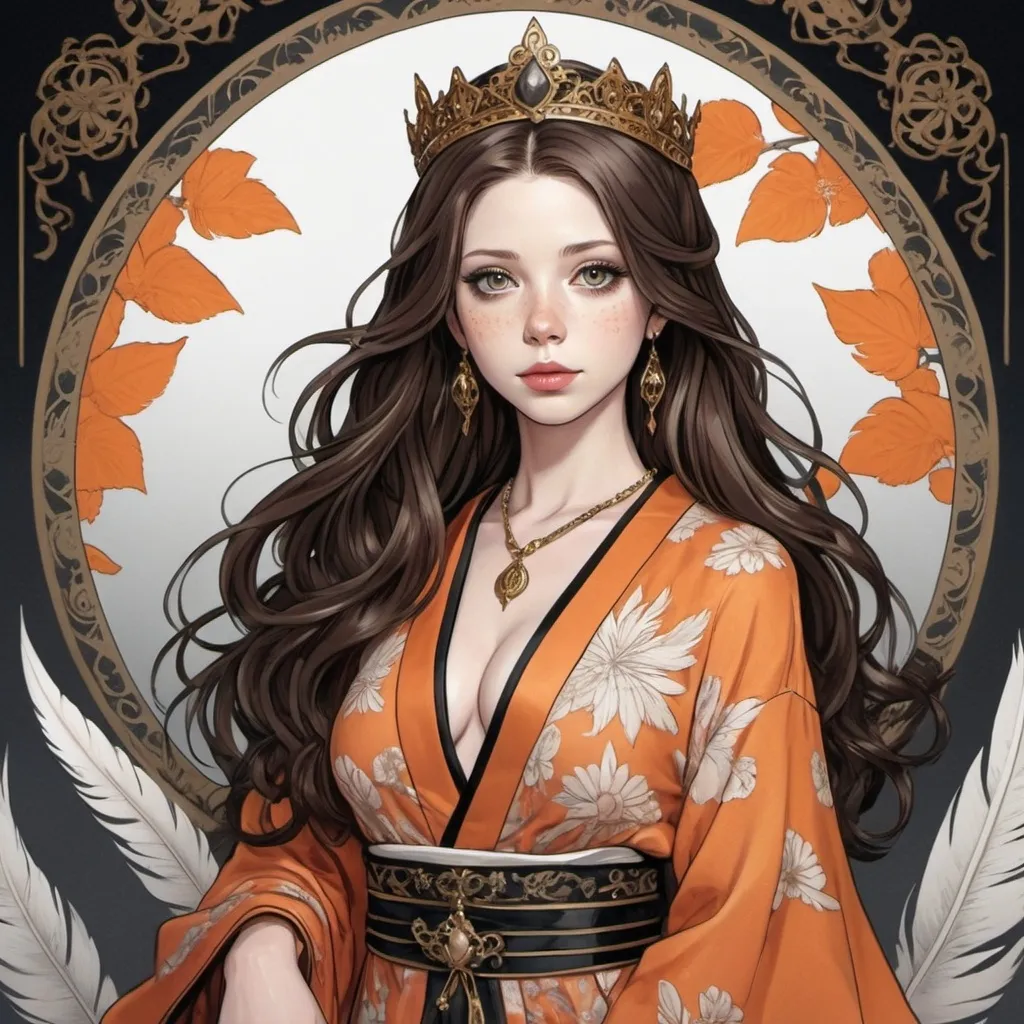 Prompt: tarot card Anime illustration, Full-body shot, Michelle Trachtenberg as a princess, (signing),  striking figure, long brunette hair, wavy hairs, fair skin, (((freckles))), innocent and regal appearance, expressive eyes filled with curiosity and determination, slender frame, elegant grace, ornate orange kimono with black and white borders, feather crown