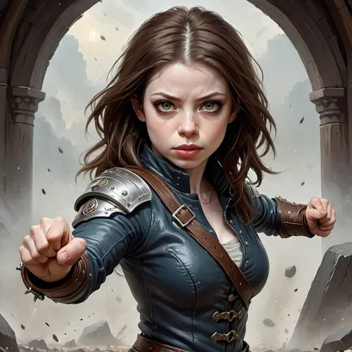 Prompt: Frame from a fantasy book, full-length portrait, Michelle Trachtenberg, fighting pose, brunette bob hair above the shoulders, pale skin, beautiful face, glare in the eyes, in the battle gear of the spednevik age, ((detailed face)), (detailed pupils 1.3), the highest detail, floating particles, smooth focus, proportions, 16k resolution. A young girl with a kind look. You don't need armor, you just need a closed jacket or a brown sweater. Image style - oil painting. art