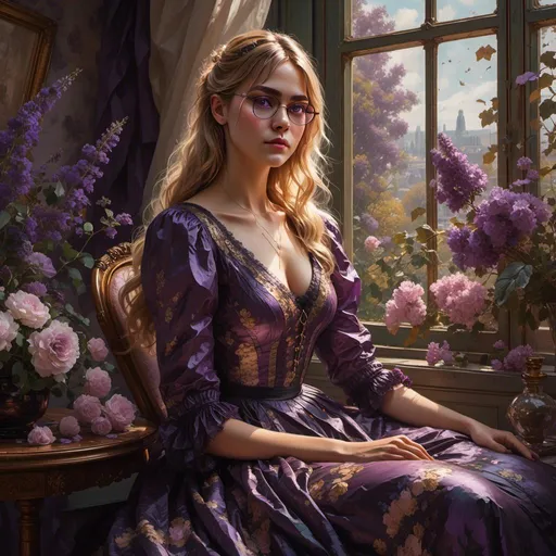 Prompt: <mymodel> A beautiful girl with blonde hair, glasses, purple lipstick and eye shadow, in a Victorian summer dress sitting by a window holding flowers, in the style of richly detailed impressionist paintings, Claude Monet, delicate brushstrokes, light amber, soft tones, I can't believe how beautiful this is, --ar 1:2 --stylize 750