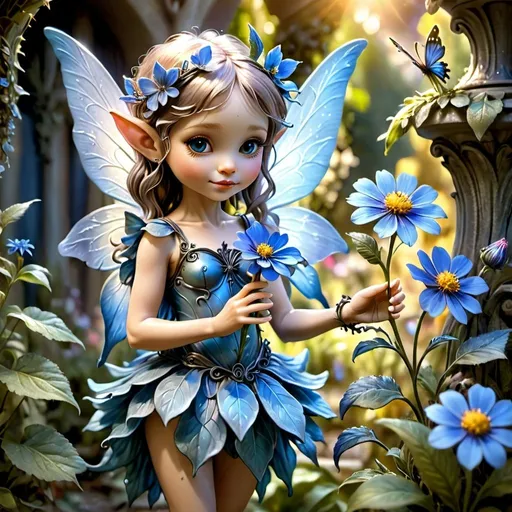 Prompt: A minimoy fairy holding a blue flower in her hand on a sunny afternoon, add meticulous details, the setting is of a garden, yesterday has plants, and decorations that gardens usually have, complex details, intricately detailed, image made with stop motion technique, 32K, HDR, fantasy, unrealism, incredible quality.