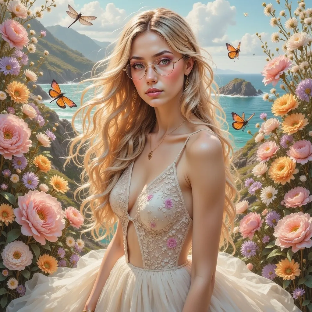 Prompt: 
Rocio Montoya style
very beautiful stylish young woman with blonde hair wearingca wedding dress shown in the photo who is organically involved in art and fashion
surrealism and experiment
sunny
unusual
humanly
a delicate combination of nature and man
collage technique
an intricacy of flowers, trees, dragonflies, wind, fire, snow
tiffany color, white, dusty pink