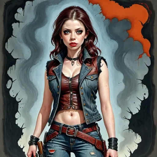 Prompt: Michelle Trachtenberg, Surreal Pulp style illustration of a lone rugged female wanderer, distressed tight jeans clothing, rifle, leather vest, red and black tones, colored inks, gouache, watercolor, colored pencils, strong colors, professional, detailed eyes, atmospheric lighting