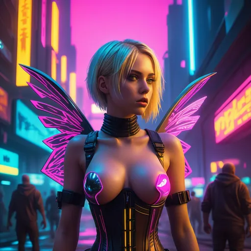 Prompt: Blonde woman (corset, bikiny), (cyberpunk 2099), (Blade Runner 2049) style, neon colors, vibrant lighting, fantasy elements, fairy wings, futuristic cityscape background, detailed textures, dynamic atmosphere, surreal vibes, ultra-detailed, trending on ArtStation, digital rendering, immersive depth, cinematic composition.