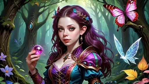 Prompt: Fantasy RPG game-style artwork of Michelle Trachtenberg, vibrant and colorful, magical fantasy attire, detailed hair and accessories, enchanted forest setting, highres, game-rpg, fantasy, vibrant colors, detailed attire, enchanting, mobile app game, magical, detailed hair, colorful, fantasy forest setting, professional