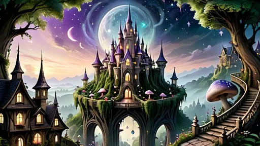 Prompt: Create an image of a small capital city in a faerie realm. The centerpiece is a majestic castle nestled within a colossal tree, with intricate branches and leaves forming elegant, spiraling towers. Surrounding the castle are various charming houses, seamlessly blending with nature, showcasing vibrant colors and organic, whimsical designs. The lively streets are filled with magical creatures and faeries, exuding an enchanting, otherworldly atmosphere. The city is lush with greenery and flowers, set against the backdrop of twilight. The sky, adorned with two moons and rich with stars, enhances the mystical ambiance. Towering trees and enormous mushrooms create a lively, magical landscape.