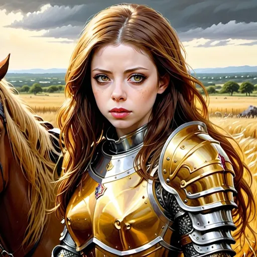 Prompt: Anime-style oil painting of Michelle Trachtenberg in armor, intense focus, golden mane, vast field of dead bodies, realistic, high quality, warm tones, natural lighting, detailed eyes, professional, atmospheric