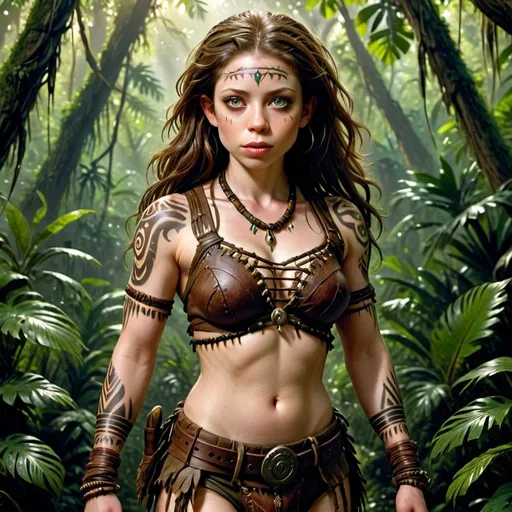 Prompt: A captivating portrait of Michelle Trachtenberg as an American female Tarzan in a dense jungle, showcasing her strength, agility, and tribal identity. Create an athletic character with defined muscles, fierce eyes, and wild hair adorned with tribal tattoos that symbolize her primal connection to the jungle.
Dress her in a minimalistic outfit blending American elements, complete with handmade weapons and accessories reflecting her resourcefulness. Place her amidst lush vegetation on tree branches, surrounded by vibrant wildlife, using dynamic lighting for an adventurous feel.
Focus on intricate details like textures, patterns, and tribal designs on her clothing and skin, emphasizing her deep bond with nature and heritage. Render every aspect meticulously to craft a compelling portrayal of her unique persona blending strength, adaptability, and tribal essence in the untamed jungle environment.