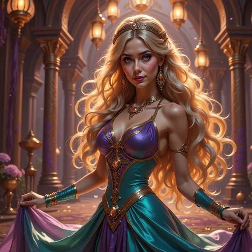 Prompt: (stunning blonde Princess Jasmine), dynamic pose, (cinematic action scene), (Arabian attire) with intricate designs, vibrant colors, (8K photorealistic quality), whimsical Disney style, enchanting enchanted background with magical elements, ornate details, glowing ambient lighting for a captivating atmosphere, rich textures, highly detailed, showcasing her grace and heroism aligned with the Aladdin theme.