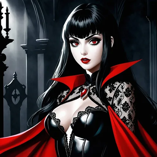 Prompt: Hyperrealistic gothic horror illustration of Vampirella, Brooke Raboutou, with comic inspiration, Dracula, Carmilla, and Dark Shadows, cursed monsters, romantic vampire, deep red and black tones, detailed facial features, intense and alluring gaze, Victorian Gothic setting, intricate lace details, haunting shadows, best quality, hyperrealistic, gothic horror, comic-inspired, Victorian Gothic, intense gaze, romantic, detailed, dark tones, haunting shadows, professional, moody lighting