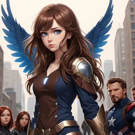 Prompt: Anime style brown hair girl with blue eyes and large brown feathery wings. Standing with the avengers
