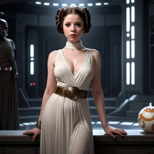 Prompt: Full body, Michelle Trachtenberg as Princess Leia, iconic white dress, detailed buns, nightly glow, high definition, realistic rendering, detailed facial features, iconic hairstyle, Star Wars, brunette hair, serene lighting, detailed gown, professional, night-time ambiance