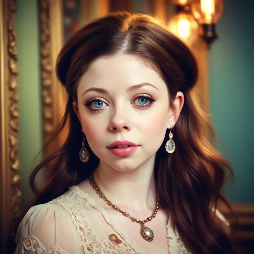 Prompt: (vintage style), (vibrant colors), portrait of Michelle Trachtenberg, soft focus background, warm light highlighting features, nostalgic ambiance, detailed facial expression, stylish retro outfit, delicate accessories, dreamy atmosphere, high definition, ultra-detailed, whimsical elements that evoke a sense of past.