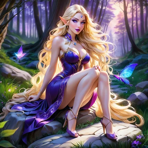 Prompt: Intricate fantasy illustration, mischievous elven female, long flowing blonde hair, expressive bright eyes, purple lipstick and eyeshadow, sitting on a large rock on a forest pathway, flirty look, sunset twilight shading, refined, bright, concept art, Detailed Painting, Digital Illustration, hyperdetailed fantasy art, 3d digital art, sharp focus, masterpiece, fine art