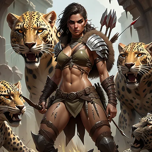 Prompt: Lebanese ranger, dressed in earth-toned, tattered, and weathered combat attire, showcasing chiseled thighs and defined abdominal muscles, with intricately braided dark hair tied back, releasing an arrow from her glowing, ornate bow, as she battles a horde of menacing orcs alongside her majestic, giant leopard companion. In the style of concept artists, Ash Thorp, Ian McQue, and Loish, with a hyperrealistic, vibrant, and dynamic splash art aesthetic, emphasizing mid-shot, dramatic tension, and immense color depth, capturing the intensity of the moment with a 2/3 face angle, illuminated by a warm, golden side light against a rich, colorful background, blending mystical and natural elements.