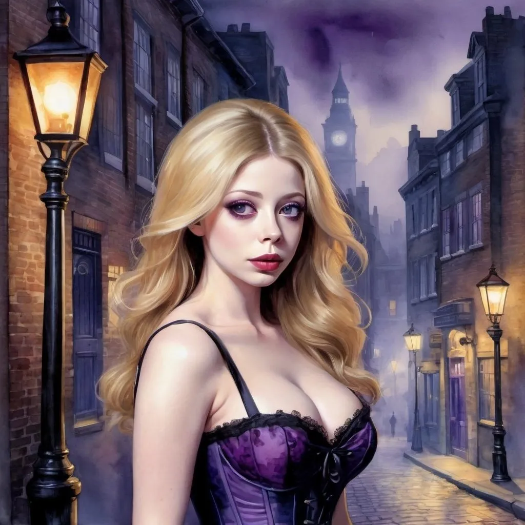 Prompt: Michelle Trachtenberg, watercolor of old town, brick buildings, street lamps, cobble streets, late evening, dark, moody, fog, 18th century London, beautiful woman. Corset dress, Blonde hair, purple eyeshadow and lipstick. High dynamic range, vivid, rich details, clear shadows and highlights, realistic, intense, enhanced contrast, highly detailed