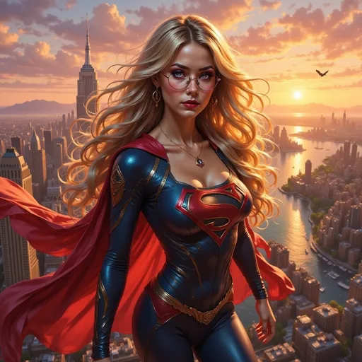 Prompt: (A heroic woman in a superman costume), soaring gracefully above a bustling cityscape, skyline shimmering under the setting sun, (dynamic pose), nerves of steel, vigilant gaze scanning for danger below, vibrant colors, with a backdrop of towering skyscrapers and a colorful sunset, (ultra-detailed), evoking a sense of adventure and superheroic bravery.