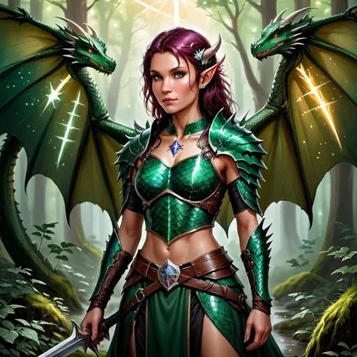 Prompt: a woman with dragon wings, dragon scale armor, midriff, and a sword in a forest with stars on her chest and wings, Anne Stokes, fantasy art, epic fantasy character art, concept art