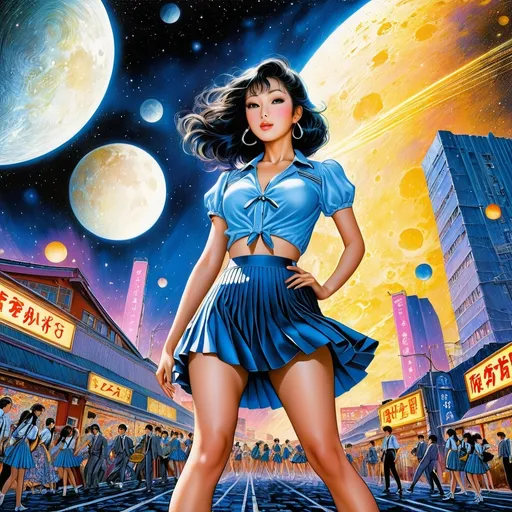 Prompt: Virgil Finlay full colours, Tsubaki Nekoi, Vasanti Unka, Hiroshi Masumura, Chiho Saito, Surrealism, wonder, strange, bizarre, fantasy, Sci-fi, Japanese anime, a comet that crash-landed in the city, a beautiful high school girl in a miniskirt at the Moonlight Festival, perfect voluminous body, detailed masterpiece low high angles perspectives