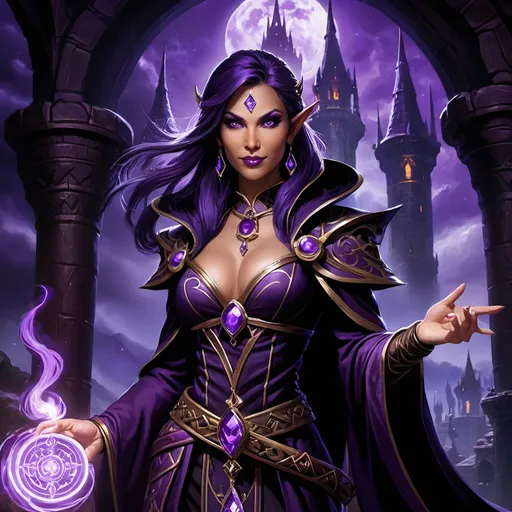 Prompt: A dark, mysterious smirking Chaotic Evil human female sorceress with intricately embroidered dark robes, staff in hand, adorned with a shining purple amulet, set against the ominous, mystical backdrop of her sorcerer's tower. Inspiration from AD&D 2E's fantastical worlds and World of Warcraft's vibrant realms, blended with sfumato's soft, hazy light, chiaroscuro's dramatic contrasts, and the textured, expressive brushstrokes of impasto. Atmospheric depth evokes an eerie, magical aura, as if the tower itself is alive.