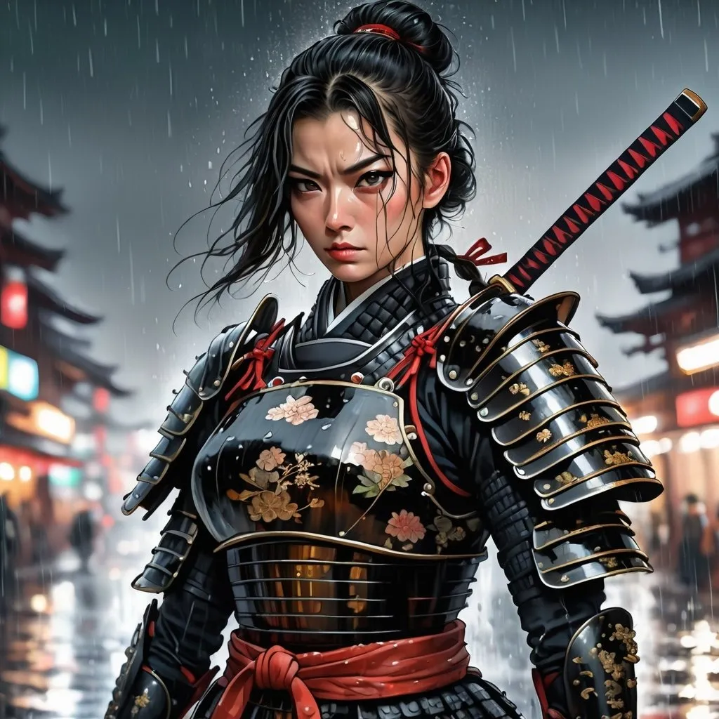 Prompt: woman samurai in black armor, intricate samurai armor, no helmet, lifting katana, highly detailed, rainy night, Milo Manara, Russ Mills, masterpiece, dramatic cinematic lighting, emotionally profound, unforgettable, very intricate, epic, digital portrait, ready to strike, detailed, Japanese night scene, rainy, highres, masterpiece, dramatic lighting, emotionally profound, unforgettable, intricate