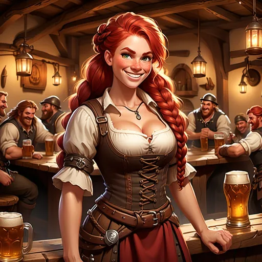 Prompt: (female barmaid), (big red hair), (braids), (smiling), (carrying beers), Oktoberfest theme, (muscular), (fit), (sword in sheath), medieval tavern, vibrant atmosphere, background characters of warriors and townsfolk, warm, inviting lighting, rustic wooden tables and barrels, festive decor, rich textures, high detail, 4K quality.