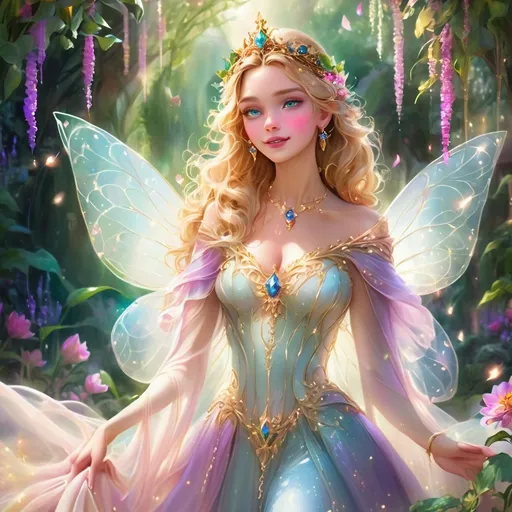 Prompt: (Beautiful Princess), regal attire, flowing gown, intricate golden jewelry, enchanted crown, delicate features, enchanting expression, vibrant colors, ethereal elegance, surrounded by a lush fantasy garden, soft, magical lighting, fairy-tale atmosphere, blooming flowers, sparkling aura, whimsical vibe, HD, ultra-detailed, dreamlike setting.