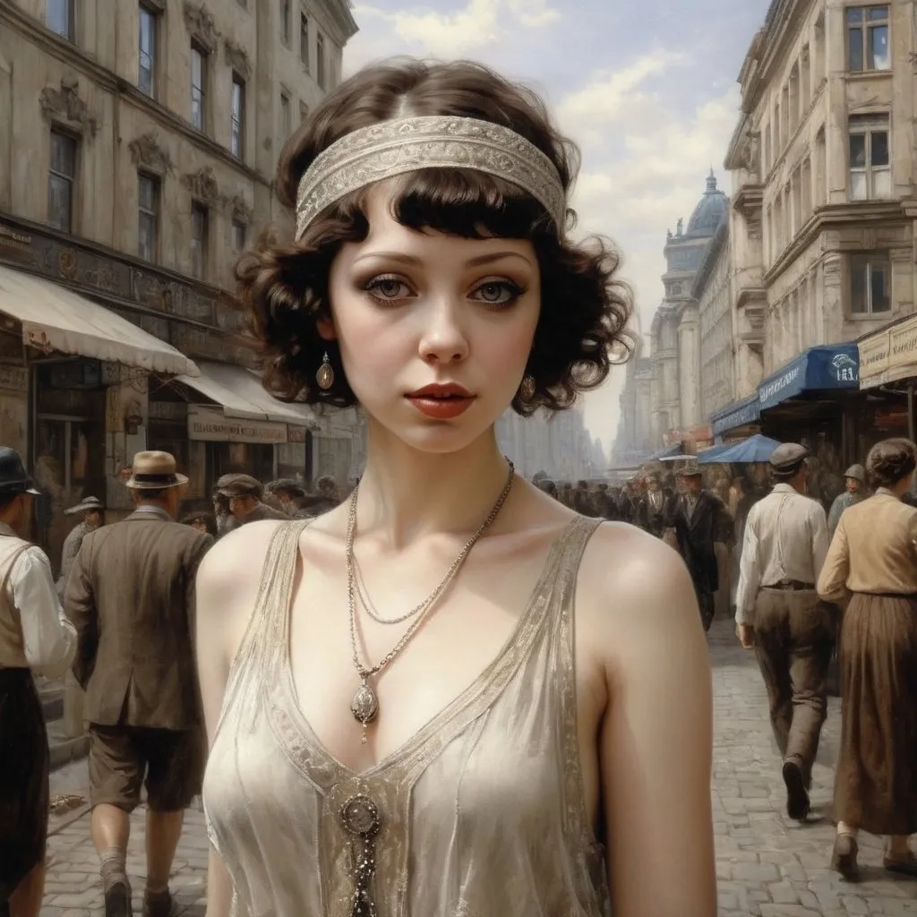 Prompt: hyper-realistic painting by Serge Marshennikov, Luis Royo, Karol Bak :: Michelle Trachtenberg as a young pretty happy 1920s flapper woman, short curly brunette hair, wearing fashionable clothing, walking down a city street in Berlin:: 8k resolution, incredible details, a masterpiece, photorealistic