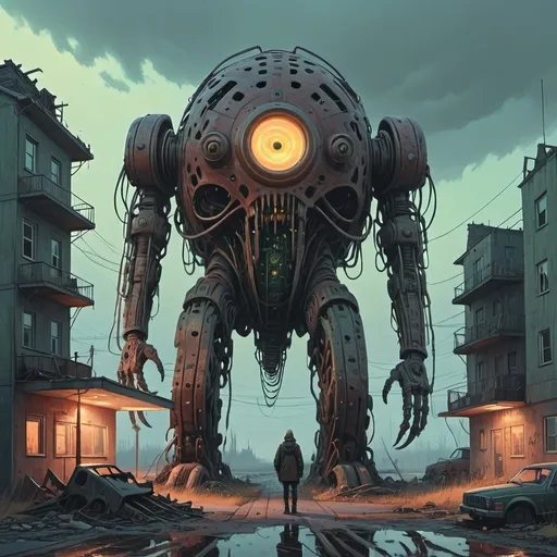 Prompt: Simon Stålenhag Influence: In a post-apocalyptic landscape, a giant, biomechanical creature stands amidst the ruins, its intricate circuits glowing against the twilight