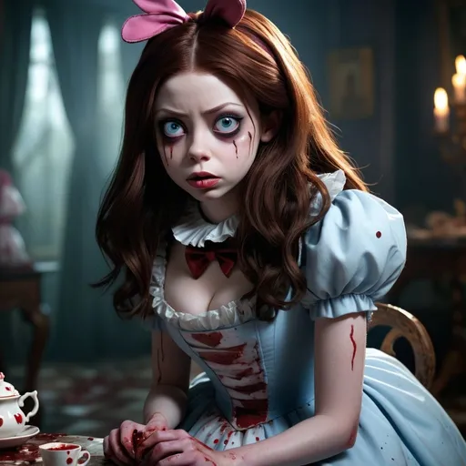 Prompt: full body, Michelle Trachtenberg dressed as evil alice in wonderland, scary, creepy, macrabe looking at viewer, bloody, photography, detailed skin, brunette hair, realistic, highly detailed, soft lighting, shallow depth of field, sharp focus, cinematic lighting, ultra quality, 8k, highres, illustration, extreme detail