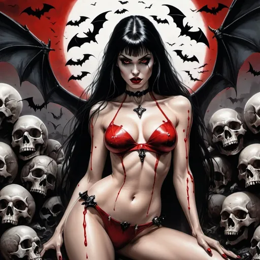 Prompt: Illustration of a dripping Vampirella in the style of Luis Royo, black hair, red lips, red eye shadow. A pile of skulls at her feet and bats flying in the background. hyper-detail, majestic painted, 8K, HD, Super-Resolution --ar 9:16 --q 5