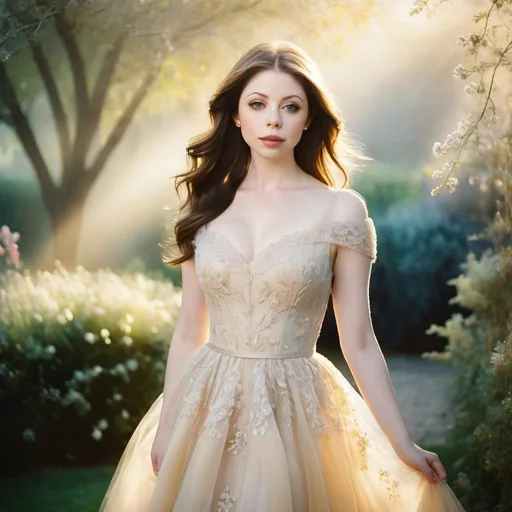 Prompt: Michelle Trachtenberg, brunette hair, French impressionist painting. Medium shot. Blonde woman in a high fashion tulle dress, standing in a misty garden. Medium shot. Soft focus watercolor style. Delicate lace details on the dress. Golden light shining through the mist. Dreamy pastel colors. Soft warm lighting. Impressionist brushstrokes, elegant simplicity, refined beauty, high-end fashion, sophisticated style, masterpiece, whimsical, ethereal quality, soft romantic lighting.