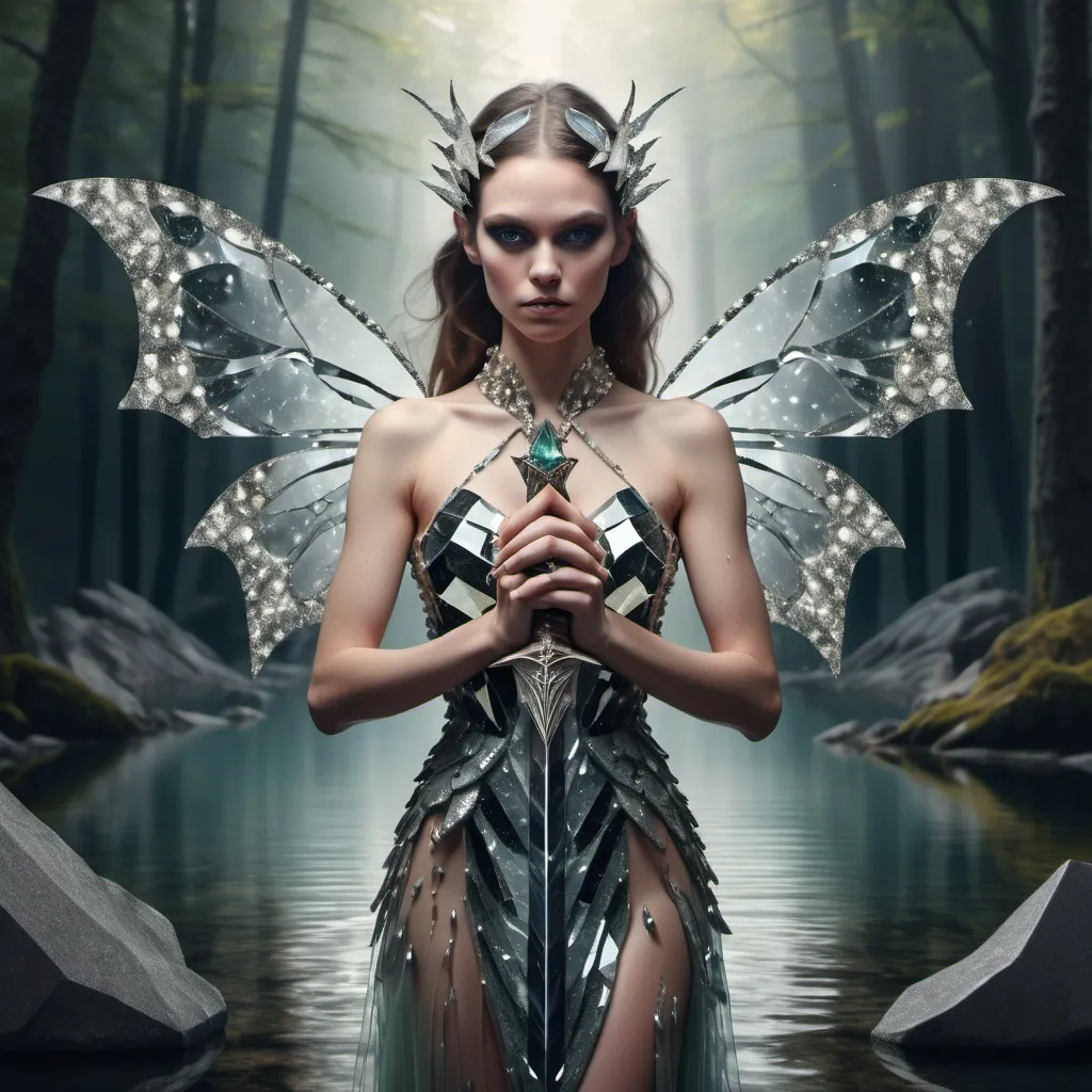 Prompt: Abstract image of a beautiful faerie woman with granite skin cracking and breaking away holding an elegant gem-studded sword horizontally in one hand as she stand submerged in a forest mountain lake. Large symmetrical moth wings folded around herself.  Arms crossed in front of a gown of quartz crystals. In an armory.