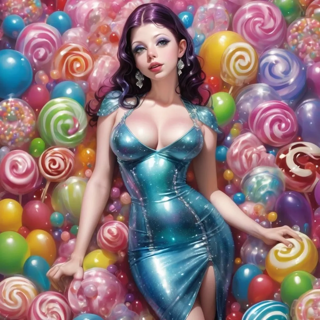 Prompt: Michelle Trachtenberg, A candy colored sweet full body woman, in an elaborate different colored glitter, sparkle, glittery candy colored latex dress, very revealing, lowcut, Jean Ansell and Justin Gerard, very detailed, elaborate details in the outfit,  little sugar doll, sugar babe,