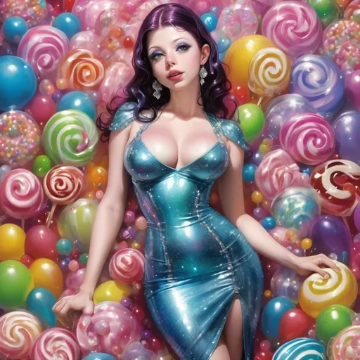 Prompt: Michelle Trachtenberg, A candy colored sweet full body woman, in an elaborate different colored glitter, sparkle, glittery candy colored latex dress, very revealing, lowcut, Jean Ansell and Justin Gerard, very detailed, elaborate details in the outfit,  little sugar doll, sugar babe,