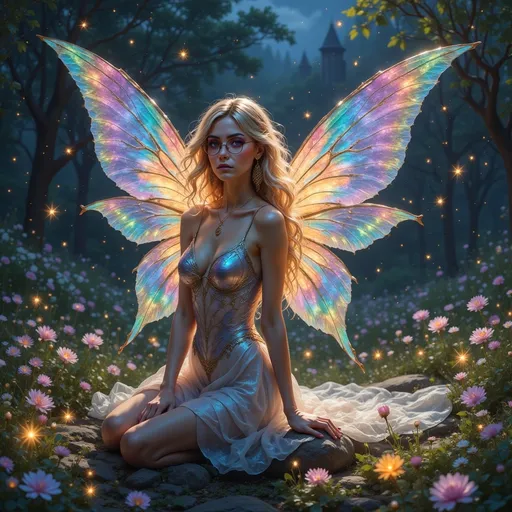 Prompt: A radiant fairy with crystal-like wings, her figure surrounded by a cascade of shimmering stardust in an enchanted meadow under a starlit sky. The wings glisten with iridescent hues, casting small beams of rainbow-colored light across her delicate frame. Luminous blooms glow around her, creating a soft, dreamlike glow that dances on her skin and hair, while fireflies emit tiny sparks, illuminating her surroundings like twinkling stars.
8k resolution holographic astral cosmic illustration mixed media by Pablo Amaringo