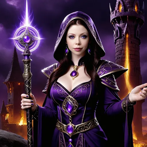 Prompt: Michelle Trachtenberg, A dark, mysterious smirking Chaotic Evil human female sorceress with intricately embroidered dark robes, staff in hand, adorned with a shining purple amulet, set against the ominous, mystical backdrop of her sorcerer's tower. Inspiration from AD&D 2E's fantastical worlds and World of Warcraft's vibrant realms, blended with sfumato's soft, hazy light, chiaroscuro's dramatic contrasts, and the textured, expressive brushstrokes of impasto. Atmospheric depth evokes an eerie, magical aura, as if the tower itself is alive.