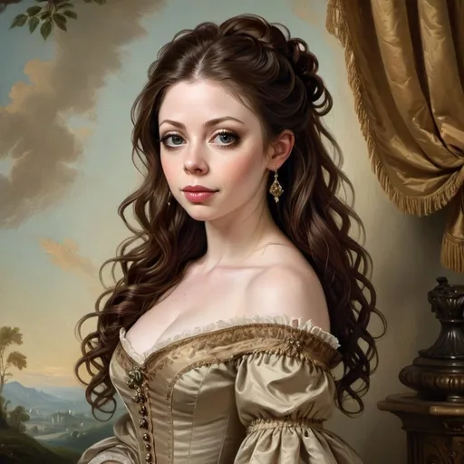 Prompt: Regency era portrait of Michelle Trachtenberg as a beautiful cute petite buxom woman with brunette hair in long curls trailing over the shoulder, oil painting, upper class Regency period clothing, simple, subtle colors, soft and diffused lighting, high quality, detailed brushwork, elegant and refined, classic beauty, historical art, Baroque style, delicate features, aristocratic charm,  Michael Dahl