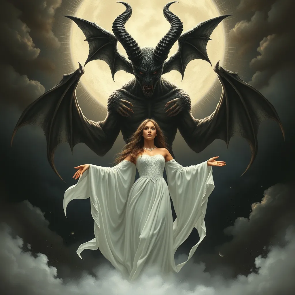 Prompt: a beautiful woman, dressed in white,  emerging a cloud covered ground. An evil dark demon over her head in the night sky, Anne Stokes, gothic art, dark fantasy art, poster art