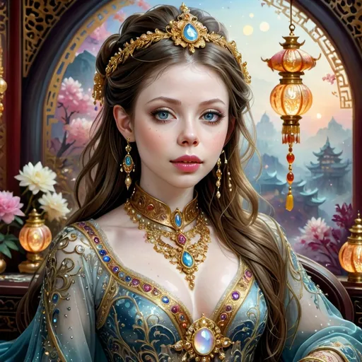 Prompt: (fantasy style portrait), brunette-haired woman resembling Michelle Trachtenberg, (opulent attire) adorned with intricate designs, lavish gold jewelry, (gleaming moonstones, vibrant opals, sparkling jewels), influenced by Chinese Ming Dynasty fashion, rich color palette, intricate details, (elegant and majestic ambiance), ornate background with ethereal elements, (ultra-detailed, HD quality).