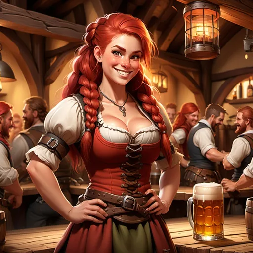 Prompt: (female barmaid), (big red hair), (braids), (smiling), (carrying beers), Oktoberfest theme, (muscular), (fit), (sword in sheath), medieval tavern, vibrant atmosphere, background characters of warriors and townsfolk, warm, inviting lighting, rustic wooden tables and barrels, festive decor, rich textures, high detail, 4K quality.