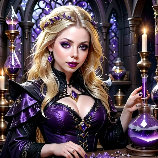 Prompt: Michelle Trachtenberg, Female witch, blonde hair, detailed purple eyeshadow and lipstick, mystical crystals and potions, enchanting herbs, digital art, 8k resolution, gothic fantasy, cinematic, meticulously polished, magical, celestial beauty, detailed design, atmospheric lighting