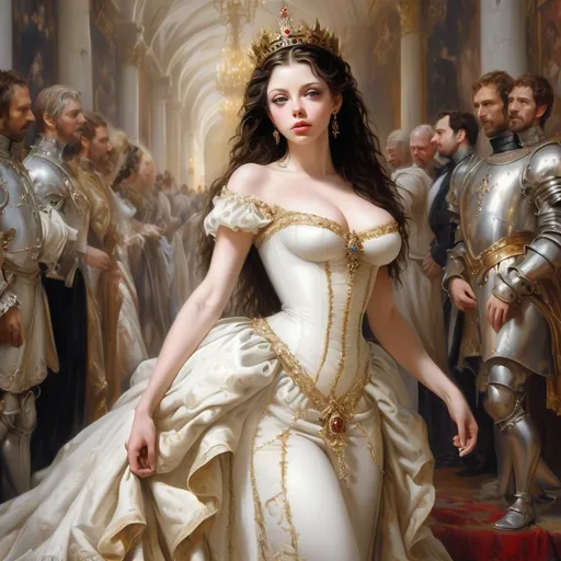 Prompt: Hyper-realistic painting by Serge Marshennikov, Luis Royo, Karol Bak:: Michelle Trachtenberg, curvy, buxom,  wearing a Elizabethan queenly white dress with gold trim, and a gold queen, she is walking through the Elizabethan throne room as everyone looks on in envy:: 8k resolution, incredible details, a masterpiece, photorealistic

