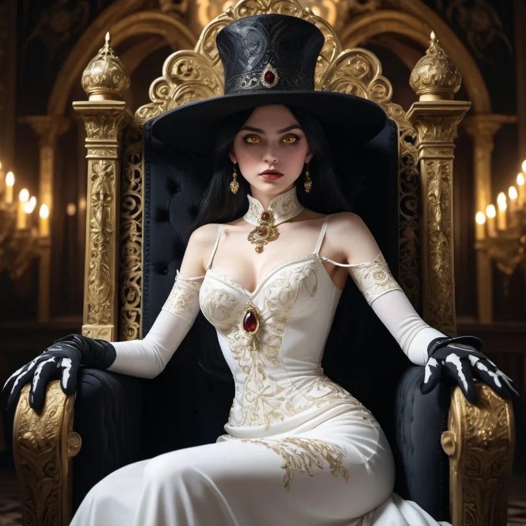 Prompt: Portrait of The (Lady Dimitrescu), sitting regally on an ornate throne, (elegant embroidery on a flowing white dress), striking contrast with (black hat and gloves), surrounded by intricate gothic decor, (dynamic lighting casts dramatic shadows), exhibiting intense (yellow eyes), possessing long claws. Atmosphere is (mysterious) and (elegant), offering an (overdetailed anime style) in stunning (4K HD resolution). Mature woman, A true masterpiece of (animation series art).