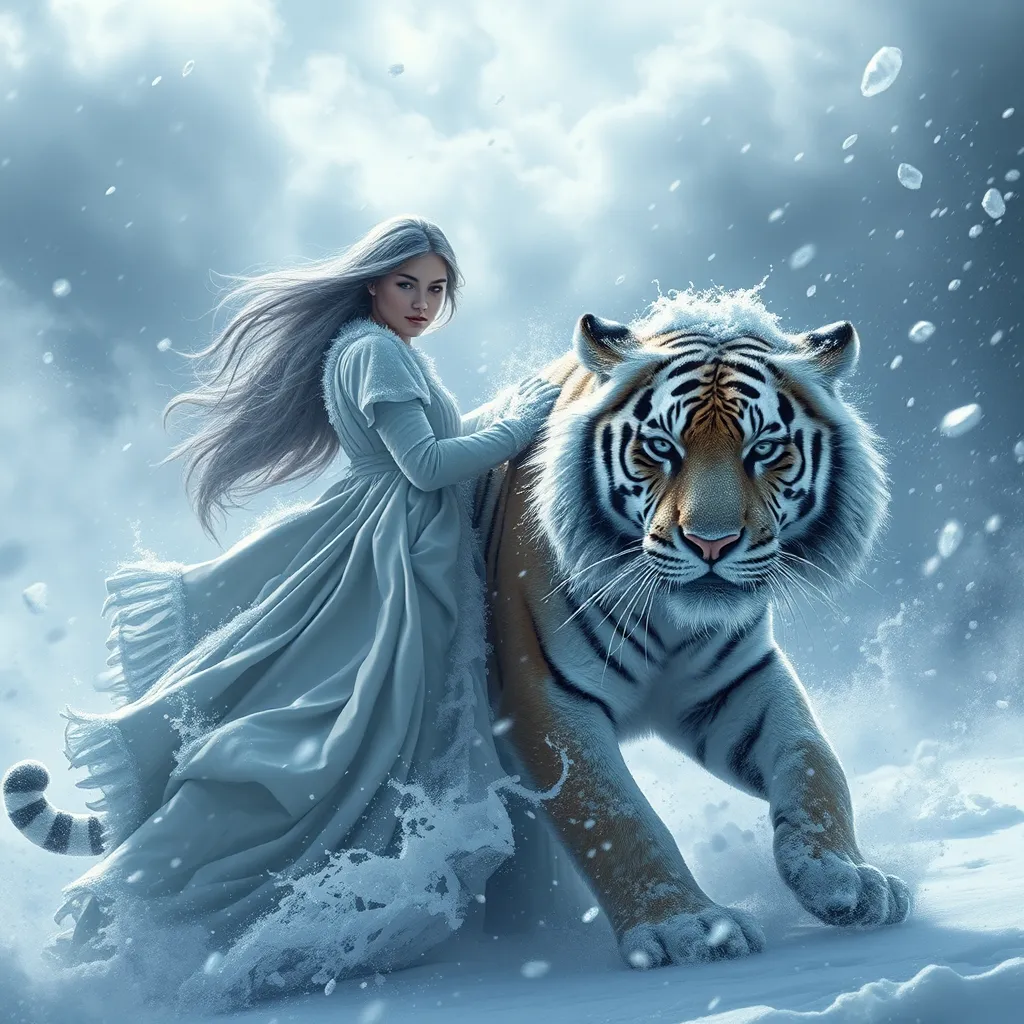 Prompt: A hyper-realistic, fantasy artwork capturing a powerful winter blizzard scene with a serene woman and a majestic, large Maltese Tiger. The woman and tiger are partially covered in snow as fierce winds whip around them, with heavy snow caked onto the tiger’s fur, especially along its back, paws, and face. The woman's hair and gown are covered with frost and snow, her clothes wind-tossed and heavy with ice. Swirling snow and intense wind obscure parts of the background, creating a dramatic, powerful atmosphere. Light filters through icy blue-gray clouds, casting a sharp, cold light over the figures. Snowflakes, frost, and ice crystals are visible, enhancing the frozen winter mood. Cool whites, icy blues, and grays bring a harsh yet beautiful quality to the scene, emphasizing resilience and unity between the woman and her tiger in the blizzard.