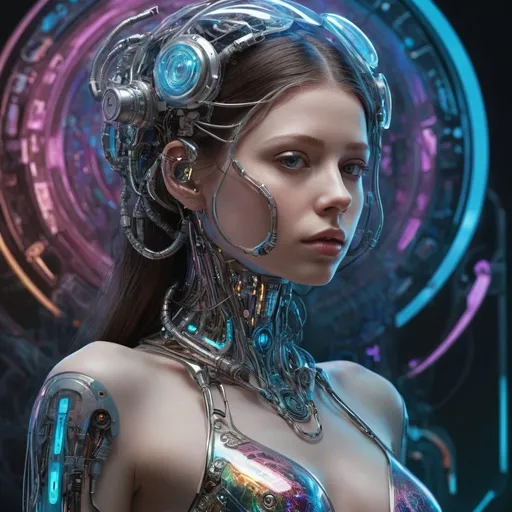 Prompt: Michelle Trachtenberg, In this mesmerizing depiction, envision a psychedelic organic cyborg encapsulated in holographic plastic, illuminated by dramatic lighting. The fantasy-inspired composition is marked by intricate details, exuding an elegant and highly-detailed lifelike quality. Employing photorealistic techniques through digital painting, the artwork achieves a smooth and sharp focus, inviting viewers into a captivating realm of creativity.

Drawing inspiration from the artistic mastery of John Collier, Albert Aublet, Krenz Cushart, Artem Demura, and Alphonse Mucha, this piece transcends conventional boundaries. The captivating interplay of elements such as holographic textures, dramatic lighting, and the fusion of organic and cybernetic components creates a visual symphony that stands out on platforms like ArtStation. The result is an illustration that seamlessly blends the ethereal with the technological, capturing the essence of the artists' collective brilliance