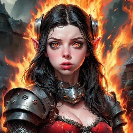 Prompt: Michelle Trachtenberg,  comic niji, (designed by Rebeca Saray:1.2) , painting, Dwarven Girl, ð¥º, Standing, Nervous Amphibian Eyes, Realistic, Flustered, Modern European Ink Painting, technology, fire themed, gorgeous, highly enhanced, intricate, romantic, epic atmosphere, lush . graphic illustration, comic art, graphic novel art, vibrant, highly detailed