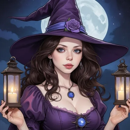 Prompt: tarot card Anime illustration, Michelle Trachtenberg with wavy brunette hair, called 'purple rose witch', with blue eyes, pale complexion sizeable decolletage and gentle yet flirty face, her name is Dawn always wearing a witches hat with a small lantern dangling from the tip