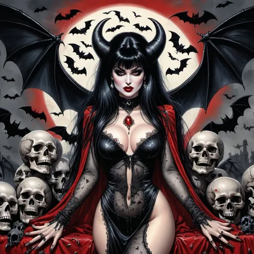 Prompt: Illustration of a dripping Elvira Mistress of the Dark in the style of Luis Royo, black hair, red lips, red eye shadow. A pile of skulls at her feet and bats flying in the background. hyper-detail, majestic painted, 8K, HD, Super-Resolution --ar 9:16 --q 5